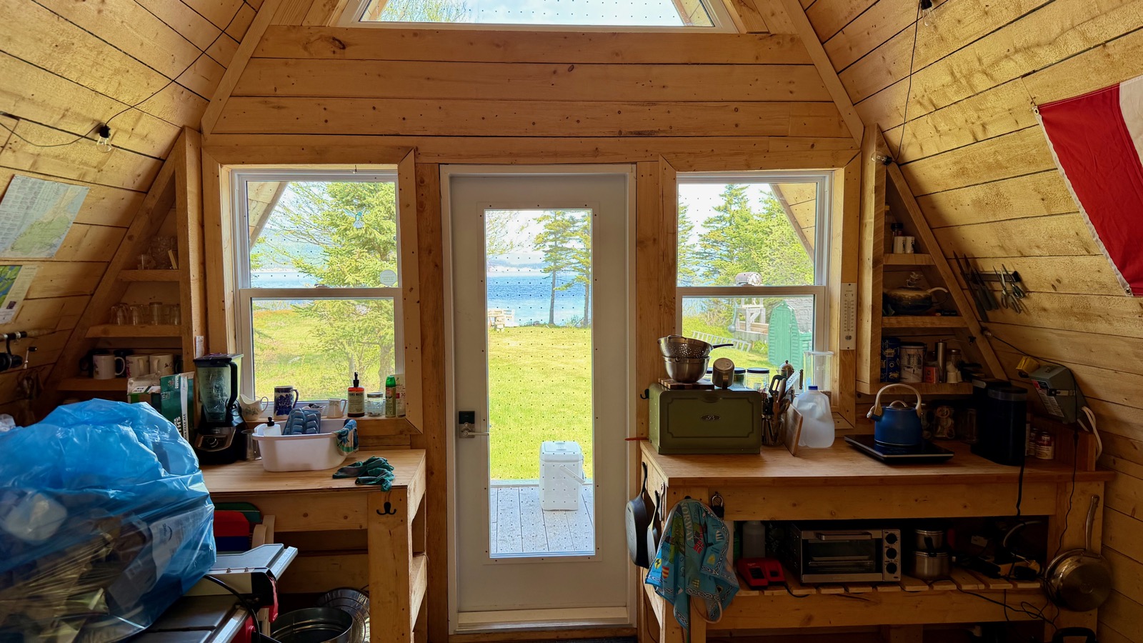 Kitchen counters and the front door looking out to the water
