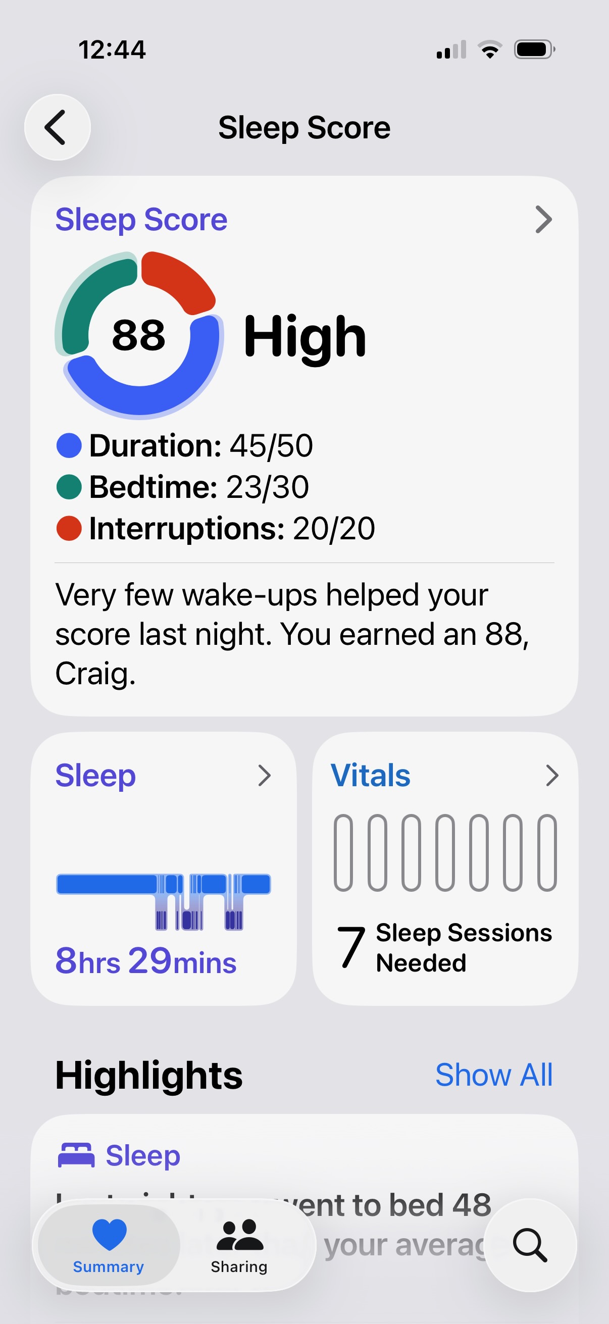 Apple Health Sleep Score of 88 built from SleepVue data