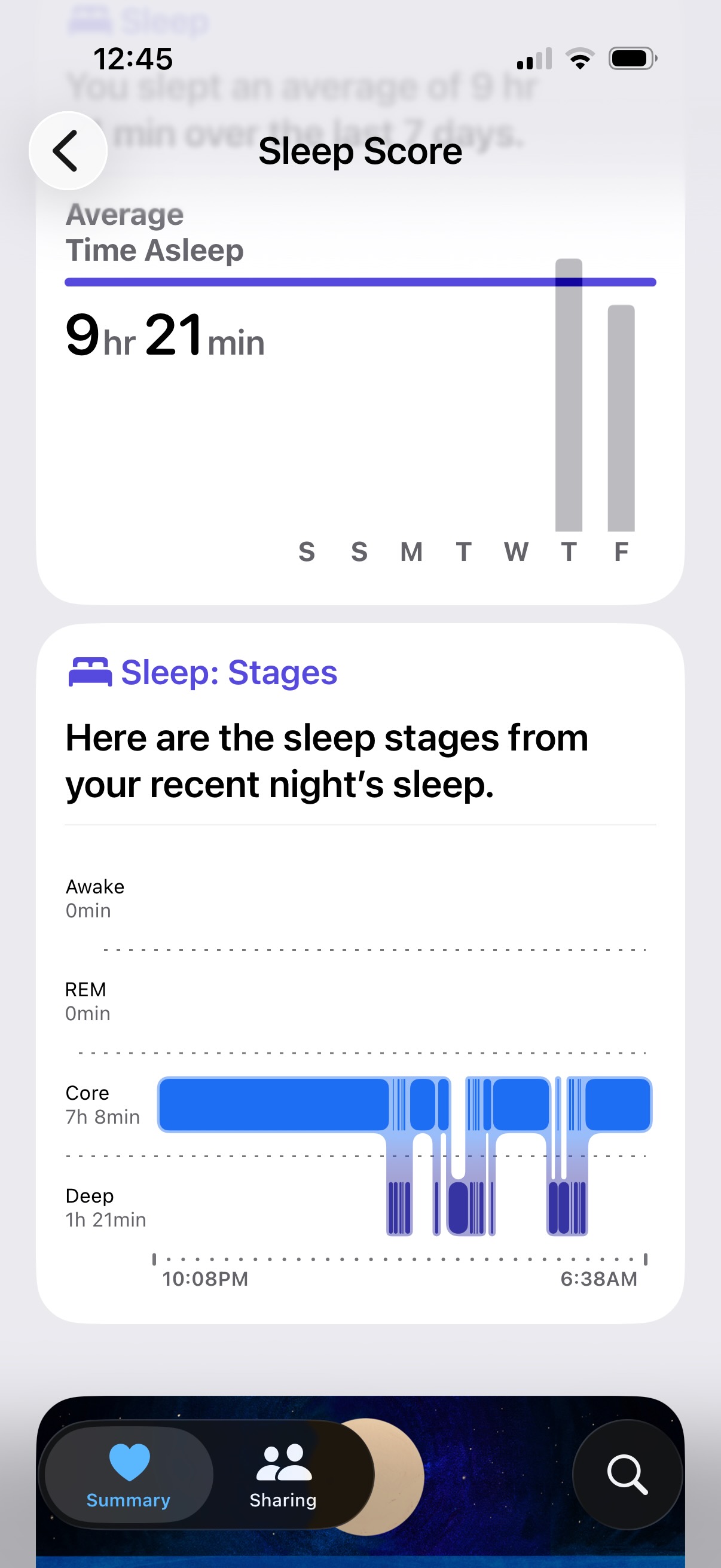 Apple Health sleep stages chart showing core and deep sleep from SleepVue