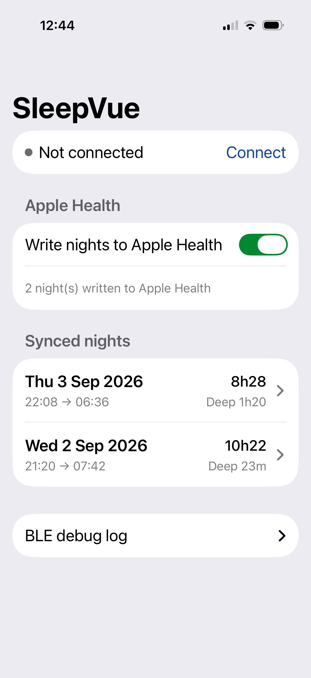 SleepVue home screen while the watch is not connected