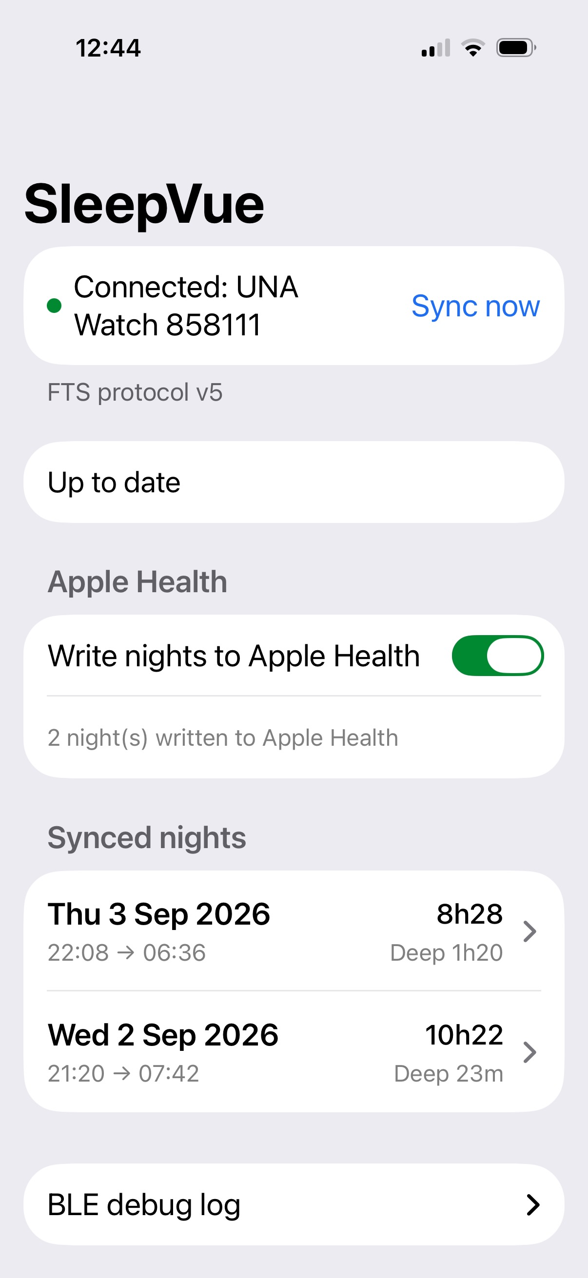 SleepVue home screen: connected to the watch, Apple Health toggle on, two synced nights